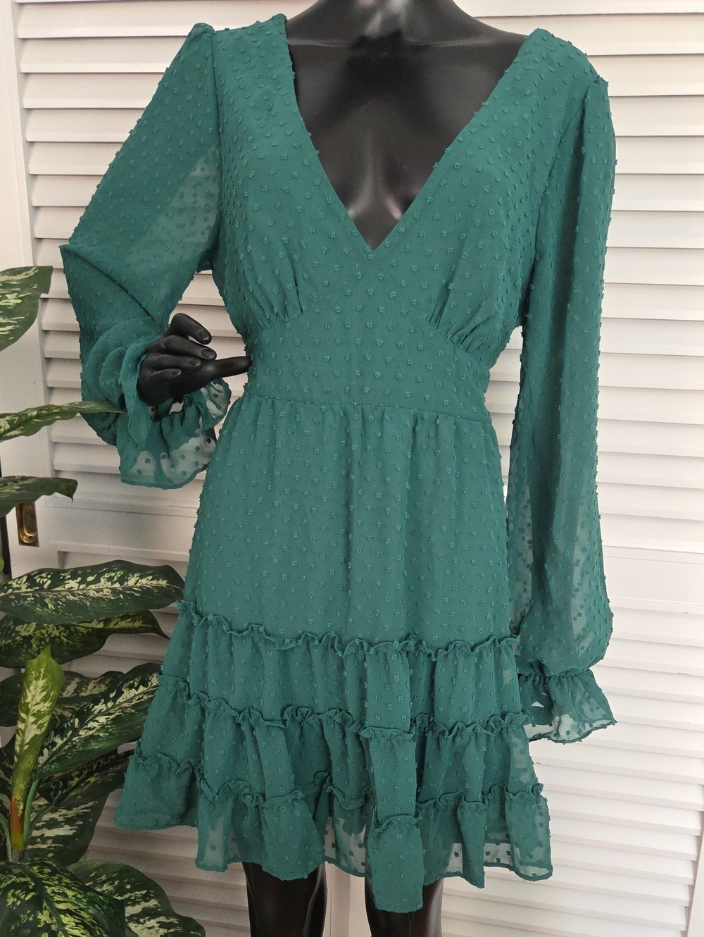 B Darlin Teal V-Neck Long Sleeve Ruffle Dress